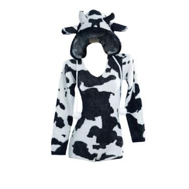 Imagem de Mobbunny Pijama feminino de tricô felpudo com estampa de vaca rosa, macacão fofo com capuz, macacão, macacão para adultos, Preto, P