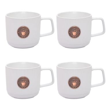 Imagem de DUSVALLY Caneca de café de cerâmica de 370 ml com tampa - Design listrado vertical elegante, detalhes em cobre, pacote com 4 canecas brancas para casa, escritório ou presente (380 ml)