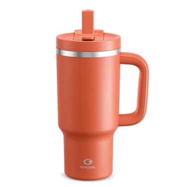 Imagem de ENCOOL Copo de 940 ml com alça e canudo: copo isolado de aço inoxidável mantém frio por 24 horas, copo de viagem à prova de vazamento cabe no suporte de copo e livre de BPA, laranja tawny
