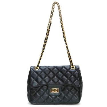 Imagem de Bolsa Feminina Couro Legitimo Matelassê Média (Preto C/Dourado)