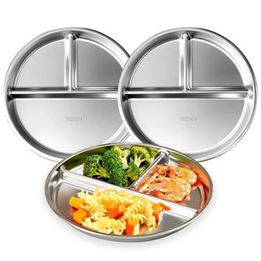 Imagem de Pratos infantis de aço inoxidável (3 pacotes), placa de metal dividida com controle de porção de 23 cm para adultos e crianças pequenas, pratos seccionados inquebráveis com divisores, dieta bariátrica