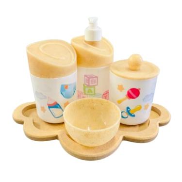 Imagem de Kit Higiene Baby Menina e Menino c/bandeja em MDF (Nuvem Crua/Madeira)