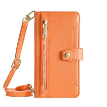 Imagem de LYJSMGZ Capa de couro transversal para iPhone 16E, alça de ombro longa, carteira flip fólio, capa de telefone TPU macio, proteção interna contra choque, laranja, 16E
