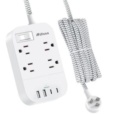 Imagem de Cabo de extensão longo Power Strip - Cabo de extensão trançado de 25 m com plugue plano, 4 saídas e 3 portas de carregamento USB, proteção contra sobrecarga e montagem na parede para casa, escritório