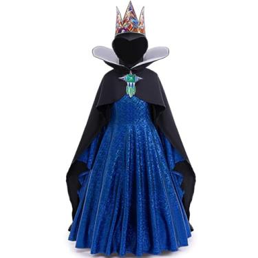 Imagem de Hewtwerck Fantasia de rainha má para meninas, vestido infantil Queen Grimhilde, roupa de vilão de Halloween com coroa e capa, Preto, 9Years-11Years