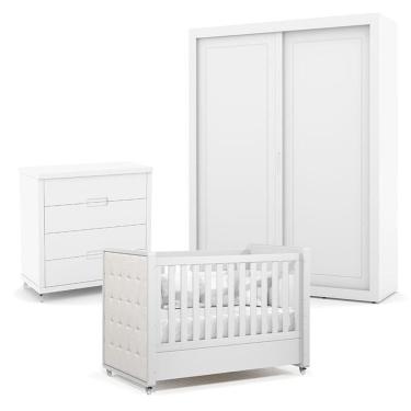 Imagem de Quarto De Bebe 2 Portas Tutto New Com Capitonê New Boucle E Gaveteiro Branco Acetinado - Matic