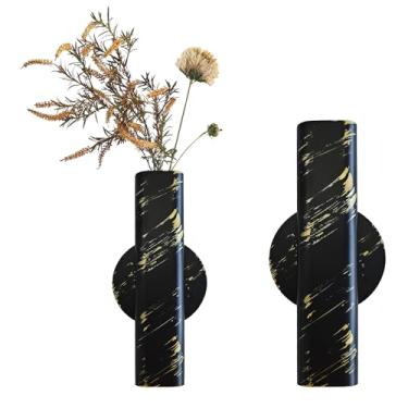 Imagem de AUXBC Tubo de flor de parede de 17,78 cm, tubo de vaso de parede, suporte de decoração de tubo de flor de metal para exibição de flores com adesivo, 2 peças (preto dourado)