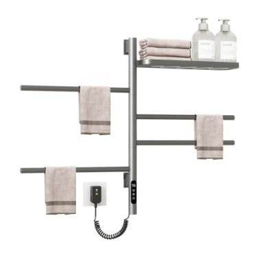 Imagem de LPZFHLXD Toalheiro Aquecido Giratório, Suporte Elétrico Para Toalhas De Parede Para Banheiro, Secador De Toalhas Giratório Com 4 Barras Redondas E Bandeja, Aquecedor De Toalhas Com Temporizador Inte