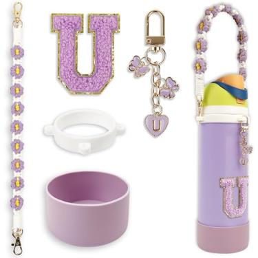 Imagem de Conjunto de monograma fofo de bota de silicone compatível com garrafa de água Owala 947 ml - Acessórios perfeitos para Owala Tumbler, Owala Free Sip, Pink Owala, Black Owala, copo de café owala (roxo