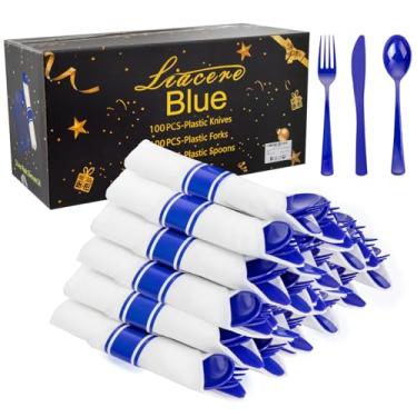 Imagem de Liacere Pacote com 100 talheres e guardanapos azuis pré-enrolados – Conjunto de talheres de plástico azul descartáveis com guardanapo: 100 garfos, 100 facas, 100 colheres, 100 guardanapos para