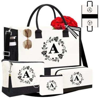 Imagem de Adoryoung Sacolas personalizadas para mulheres, 4 bolsas monograma, bordado frente e verso, inicial para presentes de aniversário, Bolsa com inicial