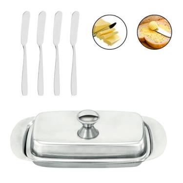 Imagem de Kit Manteigueira Retangular Inox Tampa + 4 Espátula Inox - Losan