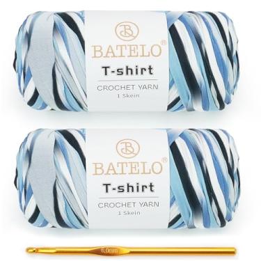Imagem de BATELO Pacote com 2 fios de camiseta para iniciantes de crochê/cesta/porta-copos de 400 g/144 jardas de tecido de poliéster grosso (branco e azul)