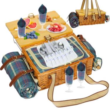 Imagem de HYBDAMAI Cesta de piquenique para 4 pessoas com mesa dobrável, cobertor impermeável e bolsa de vinho, conjunto de cesta de piquenique de vime isolado, grande cesto de salgueiro para atividades ao ar
