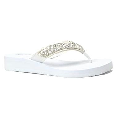 Imagem de REDVOLUTION Nova sandália feminina de strass alta | Sandália com tira em T de plataforma baixa, Bubbly-l [Branco], 6