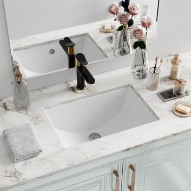 Imagem de Pia de banheiro sob montagem inferior, Hugsleek 45,7 x 28 cm pia de vaso de cerâmica de porcelana branca sob o balcão de montagem retangular pia de banheiro bacia lavatório vaidade pia de fireclay banheiro com transbordamento