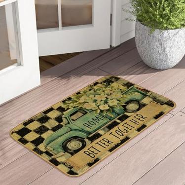 Imagem de Tapete de porta de flor de caminhão azul-petróleo 43 x 73 cm, capacho quadriculado preto e branco, entrada interna, tapetes de borracha antiderrapante, lavável, absorvente por dentro e fora de baixo