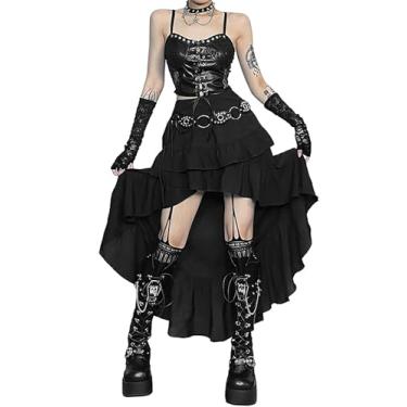 Imagem de TSMNZMU Saias longas femininas góticas punk grunge cintura alta casual irregular bainha com babados, Preto, Small