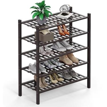 Imagem de Haddockway Organizador de armazenamento de sapatos de bambu de 5 níveis, prateleira empilhável multifuncional com painel de grade para armário, corredor, entrada, espaço pequeno 68 x 28 x 81 cm
