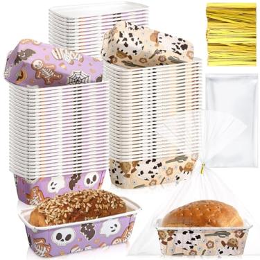 Imagem de Honeydak 100 conjuntos de formas de papel para assar 16 x 5,5 x 5,6 cm, forros de mini formas de pão descartáveis com sacos de embalagem de plástico transparente e laços bandejas retangulares para