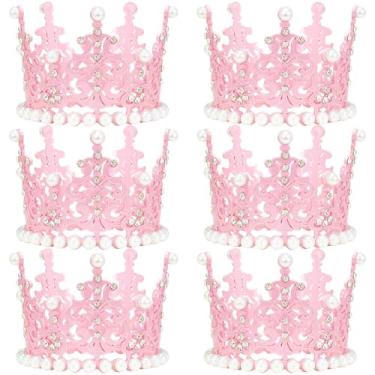 Imagem de ZUYYON 6 peças mini coroa topo de bolo minúscula tiara decoração de bolo pérola cristal vintage coroa rainha buquê de flores coroa decoração de cupcake para casamento aniversário chá de bebê (rosa)