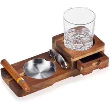 Imagem de Porta-Copos para Cinzeiro, Bandeja de Cinzeiro de Madeira, Porta-Copos, Cinzeiro, Bandeja de Cinzas de Madeira Inclui Gaveta e Compartimento, 27.5 * 11 * 7 cm, Marrom