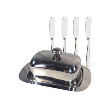 Imagem de Conjunto Manteigueira Com Tampa e 4 Espátulas Aço Inox - Mimo