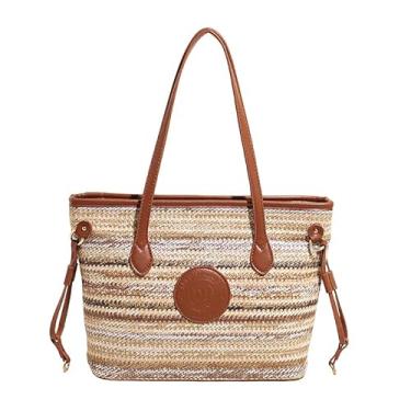 Imagem de ZOCILOR Bolsa feminina de ombro de palha com acabamento em couro PU, bolsa de praia grande, leve e casual de verão, Bege_1