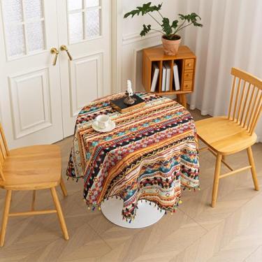 Imagem de Erbnaryx Toalha de mesa Boho para mesas redondas, bordas com franjas com padrão geométrico, toalha de mesa floral de fazenda decorativa para cozinha e sala de jantar, 152 cm (redondo)