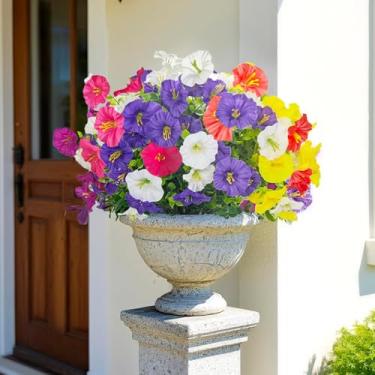 Imagem de Morning Glory Flores falsas para decoração ao ar livre resistente a UV – 12 pacotes de flores artificiais de seda realistas do lado de fora, plantas falsas para janela, caixa de plantar, cesta
