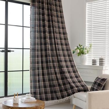 Imagem de Erbnaryx Cortina xadrez 140 cm L x 246 cm C, 2 painéis de filtro de luz com bolso para varão, privacidade, borlas, vintage, decoração country. Cortina tartã texturizada drapeada para sala de estar e