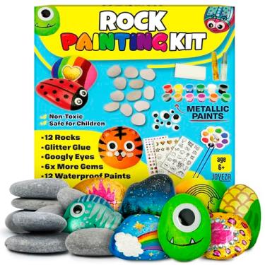 Imagem de JOYEZA Kit de pintura de rocha de luxo, artes e artesanato para meninas meninos a partir de 6 anos, 12 pedras, melhor conjunto de arte para presente para adolescentes, tintas à prova d'água, kits de artesanato com tudo incluído, suprimentos de arte, atividades infantis 4 5 6 7 8 9 10