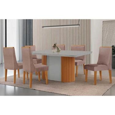 Imagem de Conjunto Sala de Jantar Pilar c/ Tampo Madeirado c/ Vidro Canto Curvo 180x90cm e 6 Cadeiras Dakota Madeira Maciça Naturale/Off White - Capuccino/Linho