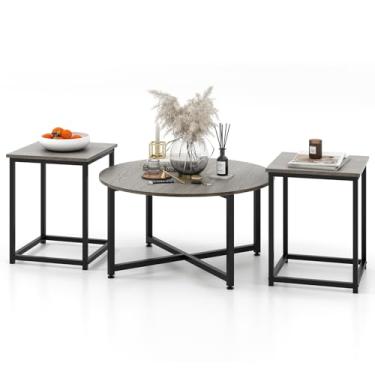 Imagem de Nightcore Conjunto de mesa redonda de 3 peças, mesa de centro de fazenda de madeira com 2 mesas de canto e moldura de metal resistente, conjunto de mesa interna para sala de estar, escritório