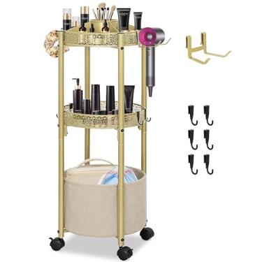 Imagem de NauwaBarn Carrinho organizador de maquiagem de 3 camadas com suporte para secador de cabelo - Organizador de cosméticos de nível de salão, carrinho móvel de armazenamento de banheiro para cuidados com
