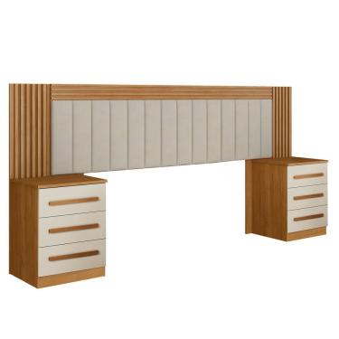 Imagem de Cabeceira Extensiva Estofada Ripada Com 2 Mesas De Cabeceira Cinamomo Off