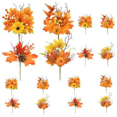 Imagem de Krissing 12 peças de palhetas florais artificiais de outono, folhas de bordo, palhetas falsas de outono e sprays, pequenos ramos de flores artificiais de outono com girassol de abóbora para vaso para