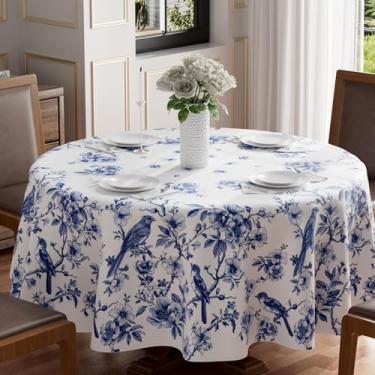 Imagem de XCHI Toalha de mesa redonda lavável com pássaros e flores estilo porcelana azul e branca para verão, decoração de festa em casa e 152 x 152 cm