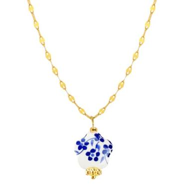 Imagem de XUN Zhe Colar feminino com pingente de coração de porcelana azul e branco vintage, joia texturizada, joia floral, cerâmica charmosa, acessórios de estilo retrô, Large, Liga de aço, Sem Pedra Preciosa