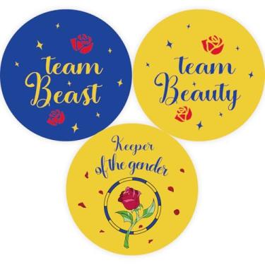 Imagem de 60 adesivos de revelação de gênero Team Beast Team Beauty, adesivos de chá de bebê para meninos ou meninas, etiquetas de gênero para lembranças de festa de boas-vindas do bebê