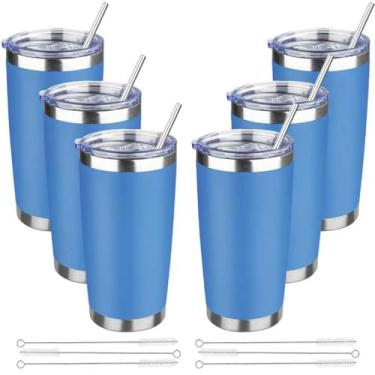 Imagem de Copo de 590 ml com tampas e canudos, caneca de café de viagem com isolamento de aço inoxidável, copos isolados a vácuo de parede dupla, copo de café revestido em pó para bebidas frias e quentes (azul