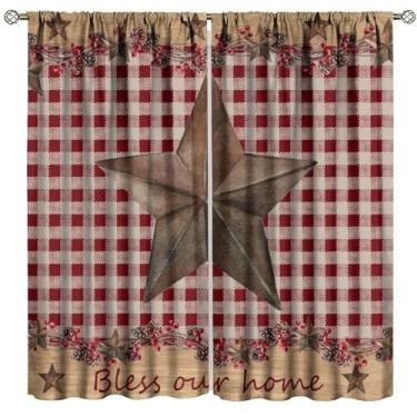 Imagem de Cortinas de fazenda vintage, Western Texas Star Red Bege Xadrez Rústico Madeira Plank Berry Print Cortinas de Janela para Café, Quarto, Sala de Estar, 107 cm L X 114 cm C