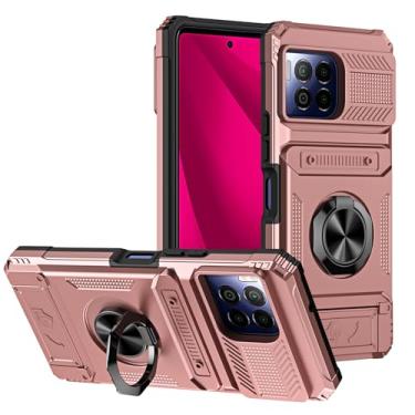 Imagem de SORAKA Capa para T-Mobile REVVL 7 Pro com suporte de anel, suporte de cartão, patch de metal, compatível com suporte magnético de telefone para carro, capa de proteção contra choque e queda, ouro rosa