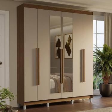 Imagem de Guarda-Roupa Casal com Pés 6 Portas Batentes com Espelho Rustic/Crema/Rustic Saturno Ma...