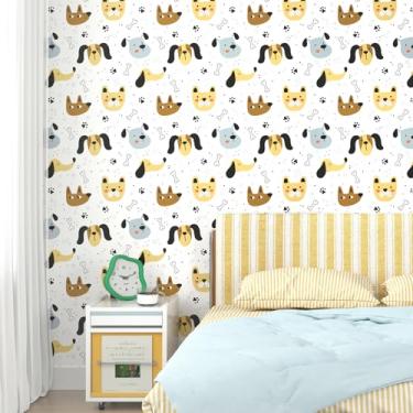 Imagem de Wallderful Papel de parede de cachorro divertido papel de contato de cachorrinho branco desenho animado desenho animado papel de parede de animal descascar e colar para quarto de criança, berçário