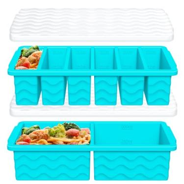 Imagem de Pacote com 2 bandejas de silicone para freezer com tampa, 2 formas grandes de 2 xícaras (500 ml) e 6 formas pequenas de 1/2 xícara (125 ml), bandeja de cubos de gelo para preparação de refeições e