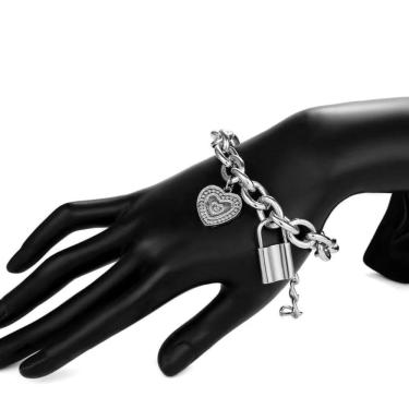 Imagem de Pulseira Pingente Coração Cadeado Corrente Prateado W6565
