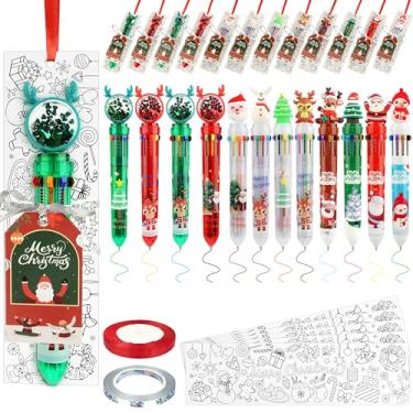 Imagem de 24 canetas esferográficas de Natal a granel – Conjunto de canetas multicoloridas de Natal, canetas coloridas retráteis 10 em 1, canetas de gel de Natal com cartão de Feliz Natal, cartão de colorir
