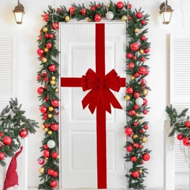 Imagem de Sursurprise Decorações de Natal de veludo vermelho para porta da frente, laço de porta de Natal grande, embrulho de casamento para chá de bebê para armário de lareira, estação festiva, decoração de