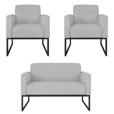 Imagem de Kit Namoradeira e 2 Poltronas Decorativas Base Industrial Preta Maressa S10 Suede Cinza - Ibiza